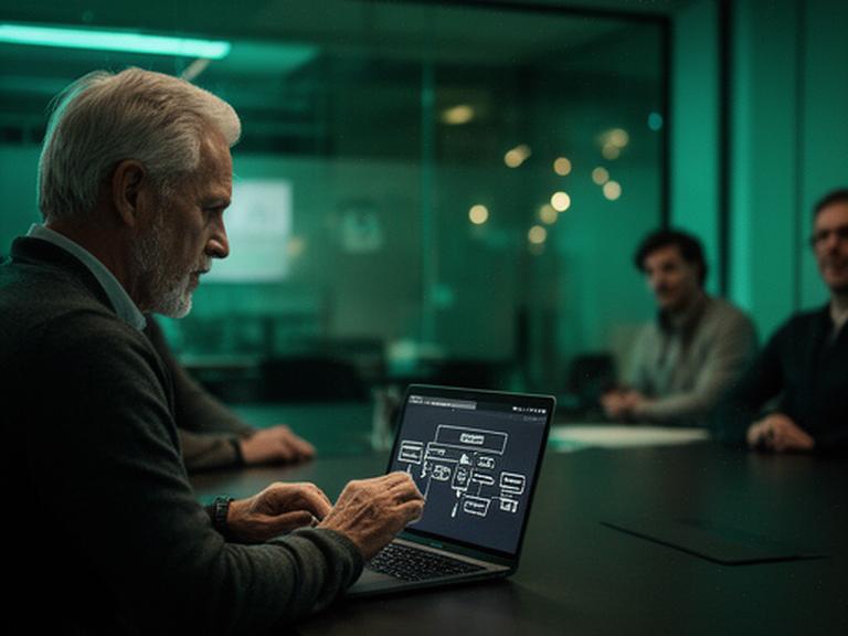 CTO Dr. Marcus Iyer presenting AI system architecture on a laptop in a dimly lit collaboration room